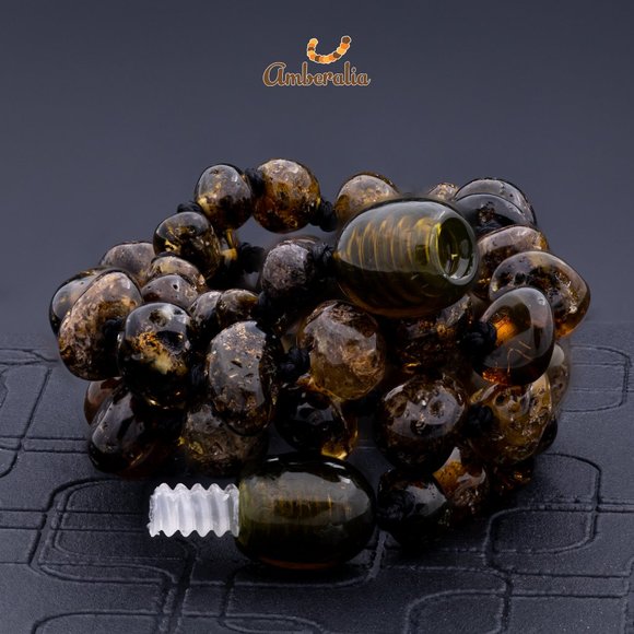 Baby Baltic Amber teething necklace and adjustable bracelet set-  Dark Green - - Picture 6 of 16